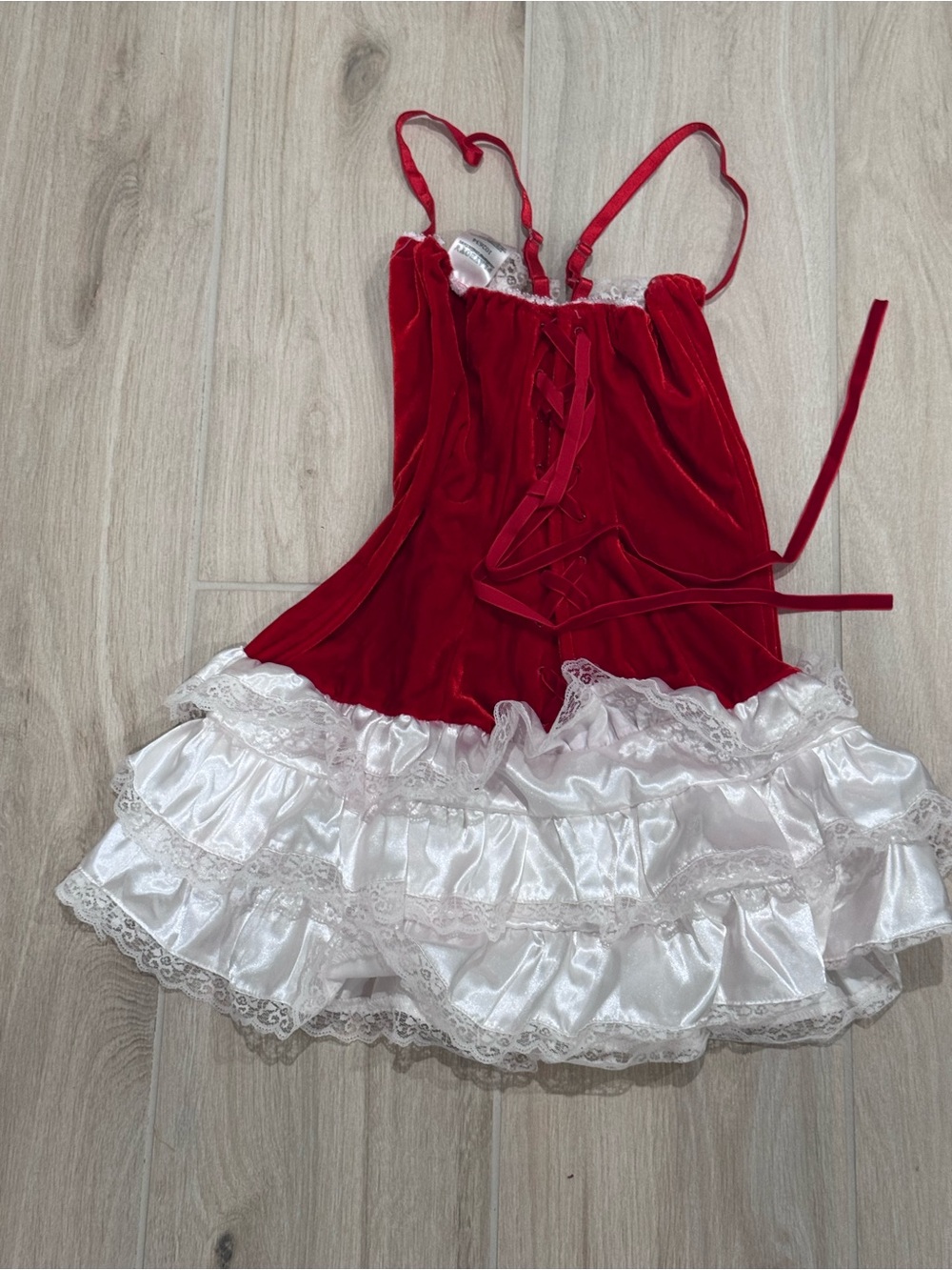 Playboy Red Velvet Little Red Riding Hood Costume Dress with White Lace Trim - Picture 3 of 13